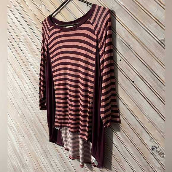 Michael Kors Pink & Burgundy Flowing Long Sleeve Blouse Top Stripped Embellish - Picture 2 of 7